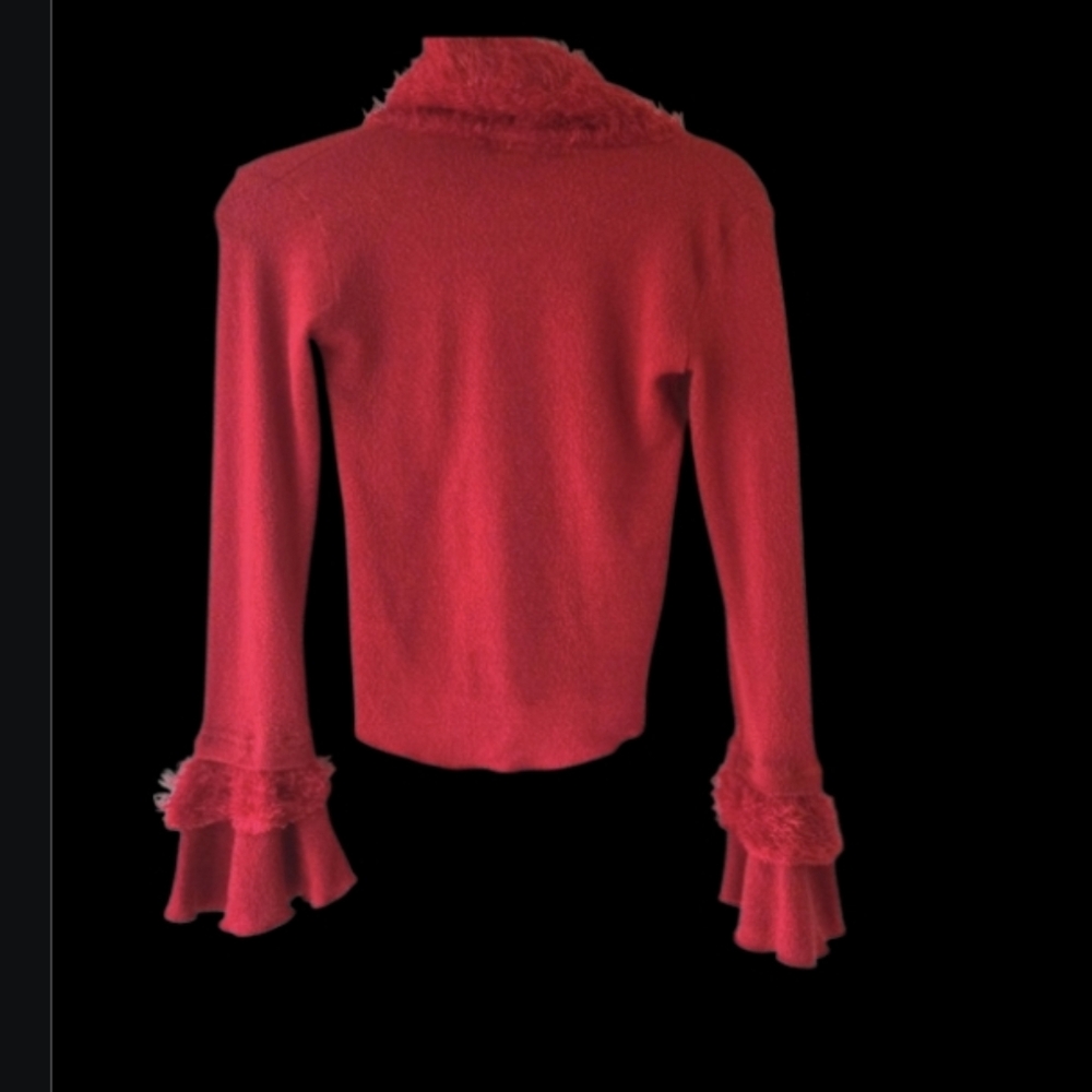 Vintage Y2K Textured Sweater XS Red Flared Cuffs Glitter Fuzzy Layered Sparkly